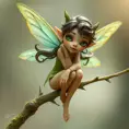 a mischievous fairy with delicate wings and sparkling emerald eyes, perched on a mossy branch, Highly Detailed, Half Body, Gorgeous, Stunning, Elegant by Stanley Artgerm Lau