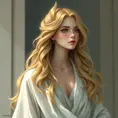 a timeless goddess with cascading golden hair and a serene expression, draped in flowing white robes, Highly Detailed, Half Body, Gorgeous, Stunning, Elegant by Stanley Artgerm Lau