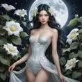 Ethereal beauty with skin as porcelain and hair as night sky, standing amidst an ancient, overgrown garden filled with moonflowers., Highly Detailed, Half Body, Gorgeous, Stunning, Elegant by Stanley Artgerm Lau