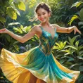 A graceful dancer mid-pose in a lush garden, her colorful attire swirling around her, sunlight filtering through the leaves, a soft smile on her face as she embodies joy and freedom., Highly Detailed, Half Body, Gorgeous, Stunning, Elegant by Stanley Artgerm Lau