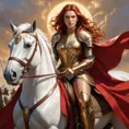 A powerful depiction of a warrior queen with sun-kissed skin and fiery bronze hair, astride a magnificent white steed, leading her army into battle, clad in gleaming armor and a crimson cloak., Highly Detailed, Half Body, Gorgeous, Stunning, Elegant by Stanley Artgerm Lau