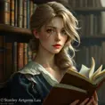 A kind and gentle librarian with a quiet introspection and soft, flaxen hair, surrounded by the musty scent and worn pages of ancient tomes, Highly Detailed, Half Body, Gorgeous, Stunning, Elegant by Stanley Artgerm Lau