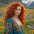 A vibrant woman with a cascade of fiery red curls, freckles, and a bohemian dress with floral patterns, amidst a field of blooming wildflowers at the peak of spring, Highly Detailed, Half Body, Gorgeous, Stunning, Elegant by Stanley Artgerm Lau