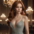 A stunning woman with flowing auburn hair, wearing an elegant evening gown, standing in a dimly lit ballroom with chandeliers, soft light highlighting her features, highly detailed, realistic, cinematic lighting, Highly Detailed, Half Body, Gorgeous, Stunning, Elegant by Stanley Artgerm Lau