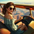 A confident woman piloting a vintage airplane over the Grand Canyon, Highly Detailed, Half Body, Gorgeous, Stunning, Elegant by Stanley Artgerm Lau