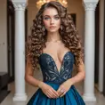 A stunning woman with piercing blue eyes and long, curly brown hair, posing in a elegant evening gown, Highly Detailed, Half Body, Gorgeous, Stunning, Elegant