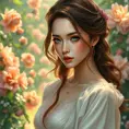 A graceful lady with striking emerald eyes and auburn tresses, elegantly poised in a lush, blooming garden, Highly Detailed, Half Body, Gorgeous, Stunning, Elegant by Stanley Artgerm Lau