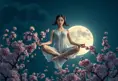 A surreal scene featuring a woman with almond-shaped eyes and porcelain skin, floating gracefully in a lotus position above blooming cherry blossom trees under a full moon, Highly Detailed, Intricate, Half Body, Realistic