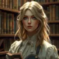 A kind and gentle librarian with a quiet introspection and soft, flaxen hair, surrounded by the musty scent and worn pages of ancient tomes, Highly Detailed, Half Body, Gorgeous, Stunning, Elegant by Stanley Artgerm Lau