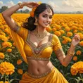 A radiant woman in traditional Indian attire, dancing in a field of marigolds, Highly Detailed, Half Body, Gorgeous, Stunning, Elegant by Stanley Artgerm Lau