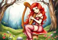 A whimsical watercolor painting of a curvy woman with fiery red hair and green eyes, playing the harp while sitting on a mushroom in a magical woodland clearing, Highly Detailed, Intricate, Half Body, Realistic