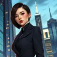 A confident woman with a sleek bob haircut, sharp features, and a tailored power suit, commanding attention in a modern metropolis skyline during the blue hour, Highly Detailed, Half Body, Gorgeous, Stunning, Elegant by Stanley Artgerm Lau