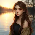 A serene beauty with almond-shaped eyes and flowing chestnut hair, standing by a tranquil lake at dawn, Highly Detailed, Half Body, Gorgeous, Stunning, Elegant by Stanley Artgerm Lau