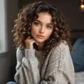 A gorgeous woman with curly dark brown hair and warm hazel eyes, wearing a cozy sweater and distressed denim, Highly Detailed, Half Body, Gorgeous, Stunning, Elegant