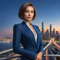 A confident woman with a sleek bob haircut, sharp features, and a tailored power suit, commanding attention in a modern metropolis skyline during the blue hour, Highly Detailed, Half Body, Gorgeous, Stunning, Elegant by Stanley Artgerm Lau