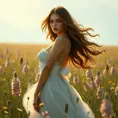 a beautiful woman with flowing hair, standing in a field of wildflowers, Highly Detailed, Half Body, Gorgeous, Stunning, Elegant by Stanley Artgerm Lau