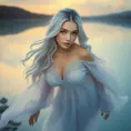 An ethereal woman with silver-white hair, soft violet eyes, and an airy chiffon dress, floating gracefully above a tranquil, mirror-like lake at twilight, Highly Detailed, Half Body, Gorgeous, Stunning, Elegant by Stanley Artgerm Lau