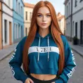 A stunning woman with long, straight red hair and bright blue eyes, posing in a trendy streetwear outfit, Highly Detailed, Half Body, Gorgeous, Stunning, Elegant