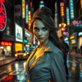 A captivating woman with piercing blue eyes, wearing a modern, stylish outfit, walking through a bustling city at night, neon lights reflecting off wet pavement, urban setting, dynamic composition, Highly Detailed, Half Body, Gorgeous, Stunning, Elegant by Stanley Artgerm Lau