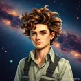 A brilliant and adventurous astrophysicist with an infectious enthusiasm and wild, curly brown hair, set against the breathtaking backdrop of a starry galaxy, Highly Detailed, Half Body, Gorgeous, Stunning, Elegant by Stanley Artgerm Lau