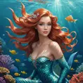 a whimsical mermaid with shimmering scales and a flowing auburn mane, swimming amidst coral reefs, Highly Detailed, Half Body, Gorgeous, Stunning, Elegant by Stanley Artgerm Lau