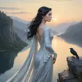 A serene and elegant woman with porcelain skin and raven hair stands atop a cliff overlooking a tranquil lake at dawn., Highly Detailed, Half Body, Gorgeous, Stunning, Elegant by Stanley Artgerm Lau