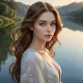 A serene beauty with almond-shaped eyes and flowing chestnut hair, standing by a tranquil lake at dawn, Highly Detailed, Half Body, Gorgeous, Stunning, Elegant by Stanley Artgerm Lau