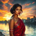 A gorgeous woman with glowing olive skin, wearing a traditional silk sari, standing by a river at sunset, the sky ablaze with colors, the water reflecting the vibrant hues, serene expression, richly detailed, Highly Detailed, Half Body, Gorgeous, Stunning, Elegant by Stanley Artgerm Lau