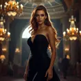 A stunning woman with flowing auburn hair, wearing an elegant evening gown, standing in a dimly lit ballroom with chandeliers, soft light highlighting her features, highly detailed, realistic, cinematic lighting, Highly Detailed, Half Body, Gorgeous, Stunning, Elegant by Stanley Artgerm Lau