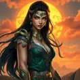 A strong and regal warrior queen with piercing emerald eyes and raven-black hair, set against a fiery sunset, Highly Detailed, Half Body, Gorgeous, Stunning, Elegant by Stanley Artgerm Lau