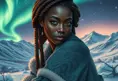 A detailed digital art of a woman with African features and beautiful braided hairstyle, sitting under the Northern Lights, surrounded by snowy landscapes, Highly Detailed, Intricate, Half Body, Realistic