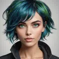 A uniquely beautiful woman with short, choppy blue hair, vibrant green eyes, and a bold, unconventional style, radiating individuality and confidence, Highly Detailed, Half Body, Gorgeous, Stunning, Elegant by Stanley Artgerm Lau