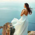 A graceful woman with delicate features, wearing a flowing white dress, standing on a cliff overlooking the ocean, the wind blowing through her hair, soft pastel colors, romantic and dreamy, Highly Detailed, Half Body, Gorgeous, Stunning, Elegant by Stanley Artgerm Lau