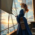 An exquisite illustration of a woman with porcelain skin and rose-gold hair, posing gracefully on the bow of a historic sailing ship, wearing a period-accurate gown in rich sapphire blue, as she looks out towards the horizon at sunset., Highly Detailed, Half Body, Gorgeous, Stunning, Elegant by Stanley Artgerm Lau