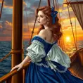 An exquisite illustration of a woman with porcelain skin and rose-gold hair, posing gracefully on the bow of a historic sailing ship, wearing a period-accurate gown in rich sapphire blue, as she looks out towards the horizon at sunset., Highly Detailed, Half Body, Gorgeous, Stunning, Elegant by Stanley Artgerm Lau