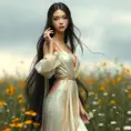 An ethereal beauty with long black hair, dressed in a delicate silk gown adorned with subtle golden accents, standing amidst a field of wildflowers, Highly Detailed, Half Body, Gorgeous, Stunning, Elegant by Stanley Artgerm Lau