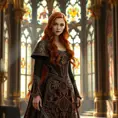 A stunning woman with long red hair, wearing an intricately detailed medieval gown, standing in a grand castle hall, the light streaming through stained glass windows, regal and majestic, Highly Detailed, Half Body, Gorgeous, Stunning, Elegant by Stanley Artgerm Lau