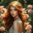 A graceful lady with striking emerald eyes and auburn tresses, elegantly poised in a lush, blooming garden, Highly Detailed, Half Body, Gorgeous, Stunning, Elegant by Stanley Artgerm Lau