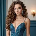 A stunning woman with piercing blue eyes and long, curly brown hair, posing in a elegant evening gown, Highly Detailed, Half Body, Gorgeous, Stunning, Elegant