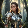 A majestic warrior woman in ornate armor, standing in a mystical forest, her piercing eyes reflecting confidence and strength, surrounded by ethereal glowing lights and ancient trees., Highly Detailed, Half Body, Gorgeous, Stunning, Elegant by Stanley Artgerm Lau