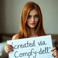 A stunning woman with long, straight red hair and bright blue eyes, holding up a sign that says "created via comfy-dell", Highly Detailed, Half Body, Gorgeous, Stunning, Elegant