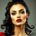 A stunning woman reminiscent of Salvador Dali's 'Gala', with bold red lips and curly black hair, Highly Detailed, Half Body, Gorgeous, Stunning, Elegant