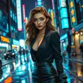 A captivating woman with piercing blue eyes, wearing a modern, stylish outfit, walking through a bustling city at night, neon lights reflecting off wet pavement, urban setting, dynamic composition, Highly Detailed, Half Body, Gorgeous, Stunning, Elegant by Stanley Artgerm Lau