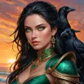 A strong and regal warrior queen with piercing emerald eyes and raven-black hair, set against a fiery sunset, Highly Detailed, Half Body, Gorgeous, Stunning, Elegant by Stanley Artgerm Lau