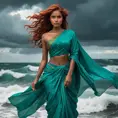 A breathtaking portrayal of a woman with dark umber skin and fiery copper hair, standing defiantly amidst the crashing waves of a stormy sea, dressed in a vibrant turquoise sari, her eyes locked onto an approaching thunderstorm., Highly Detailed, Half Body, Gorgeous, Stunning, Elegant by Stanley Artgerm Lau