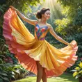 A graceful dancer mid-pose in a lush garden, her colorful attire swirling around her, sunlight filtering through the leaves, a soft smile on her face as she embodies joy and freedom., Highly Detailed, Half Body, Gorgeous, Stunning, Elegant by Stanley Artgerm Lau