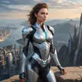 A fearless woman with an athletic build, wearing futuristic armor with elegant lines and soft LED accents, poised atop a cliff overlooking a sprawling sci-fi cityscape, Highly Detailed, Half Body, Gorgeous, Stunning, Elegant by Stanley Artgerm Lau