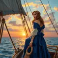 An exquisite illustration of a woman with porcelain skin and rose-gold hair, posing gracefully on the bow of a historic sailing ship, wearing a period-accurate gown in rich sapphire blue, as she looks out towards the horizon at sunset., Highly Detailed, Half Body, Gorgeous, Stunning, Elegant by Stanley Artgerm Lau