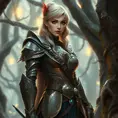 A majestic warrior woman in ornate armor, standing in a mystical forest, her piercing eyes reflecting confidence and strength, surrounded by ethereal glowing lights and ancient trees., Highly Detailed, Half Body, Gorgeous, Stunning, Elegant by Stanley Artgerm Lau