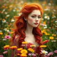 A vibrant woman with a cascade of fiery red curls, freckles, and a bohemian dress with floral patterns, amidst a field of blooming wildflowers at the peak of spring, Highly Detailed, Half Body, Gorgeous, Stunning, Elegant by Stanley Artgerm Lau